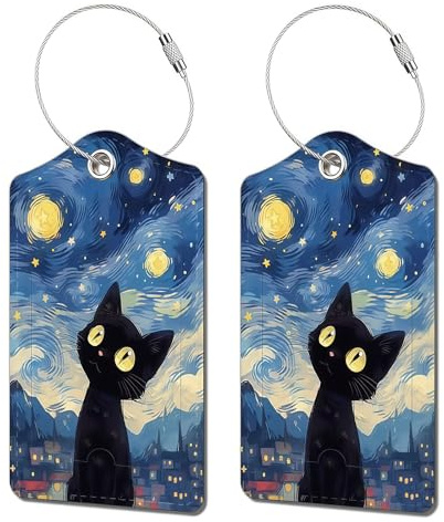 Vesavifaka 2 piezas etiquetas para maletas Gato negro cielo para equipaje, etiquetas de cuero lindas con protección de privacidad, accesorios de viaje para identificación rápida