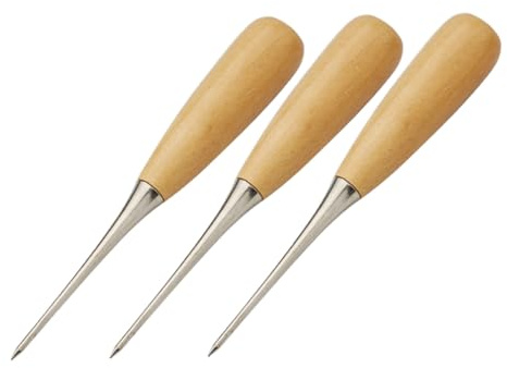 GARVALON 3 Pezzi Punteruoli in Pelle con Manico in Legno Ergonomico Strumenti per Cucito e Perforazione Cuoio per Artigianato e Riparazioni Tessuti Utensili Manuali Facili da Usare per