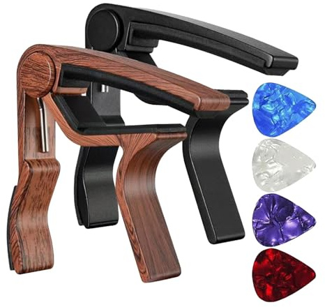 Guitar Capo for 6-String Acoustic Electric Steel Guitar, Ukulele Bass, with 4 Picks-Black and Wood grain