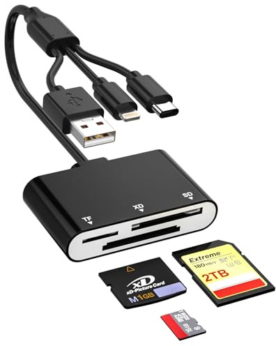 SD Card Reader for iPhone with Lightning/USB-C/USB-A, 3 in 1 XD/SD/TF Memory Card Reader, MicroSD XD-Picture Card Reader Compatible with iPhone 17/16/15/14, MacBook, iPad, Android, Camera