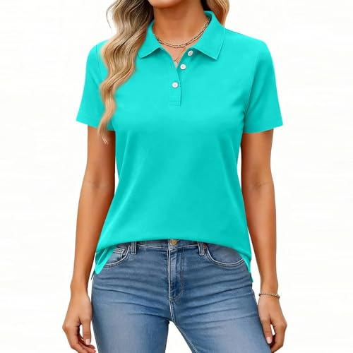 Women's Polos Casual Cool Short Sleeve Top Ladys Summer Business Lapel Soli Blouses Button-Down Cotton Fit Polo Ladys Turquoise M
