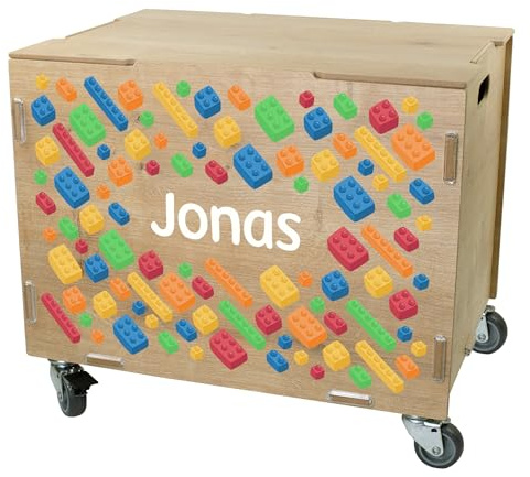 Striefchen® clipfritz Rollbox personalisiert mit Name – Personalisierbare Aufbewahrungsbox mit Rollen & Deckel – Spielzeugkiste aus Holz als Geschenk für Kinder (Bausteine)
