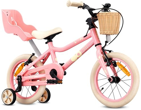 Sun Baby Barncykel 14 Tum LOOFI, Cykel för barn - Flicka 3-5 År, Max 50 kg - lätt 6,6 kg, aluminiumram, med dockstol, stödhjul, korg, ringklocka, klistermärken - Rosa