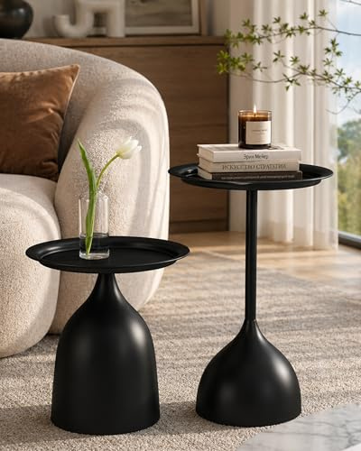 Xinyvee Beistelltisch Couch 2er Set Metall Beistelltisch Schwarz für Wohnzimmer & Balkon Moderner Side Table Black Wetterfest & Stabil Kleiner Tisch Schwarz Ø40 cm, 42+60cm Hoch