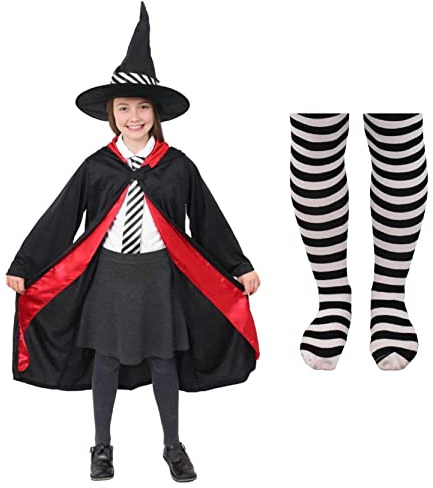 Kids Witch Costume - Hooded Black Cape With Hat, Tights and Ties Mildred Hubble - World Book Day School Book Week Fancy Dress