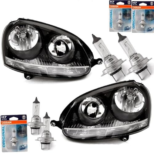 DM Autoteile 30419 Scheinwerfer Klarglas Schwarz H7/H7 + 4x Osram kompatibel für VW Golf 5 Jetta 03-08