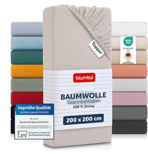 Blumtal® Basics Spannbettlaken Topper 200x200x15cm Jersey - Bettlaken aus 100% Baumwolle - Oeko-TEX zertifiziertes Spannbetttuch 200x200cm - Elfenbein