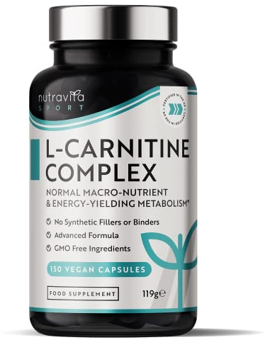 L-Carnitin-Komplex - Hochwirksame Kapseln mit zusätzlichem Riboflavin, Biotin, Chrom, Vitamin D, B3 & B6 - Makronährstoff- & Energielieferant für den Stoffwechsel - 150 vegane Kapseln - Nutravita