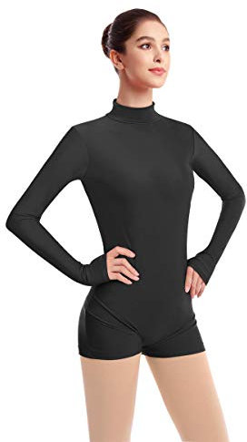 Women Mock Neck Gymnastics Dance Leotard Boyshorts Long Sleeve Bodysuit Ballet Dancewear Biketard Adult Plus Size Shorts Jumpsuit One Piece Spandex Turtleneck Bodycon Romper Overall Black Medium