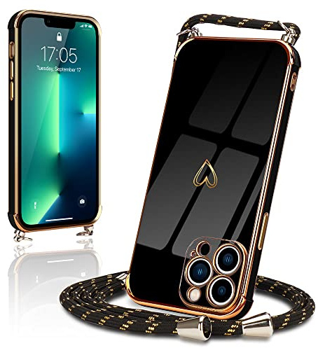 Micoden Handykette für iPhone 13 Pro Max Hülle Necklace mit Band Herz | Kameraschutz Handyhülle Herz Design Galvanik Dünn Silikon Case Bumper Kordel zum Umhängen Stoßfeste Schutzhülle, Schwarz