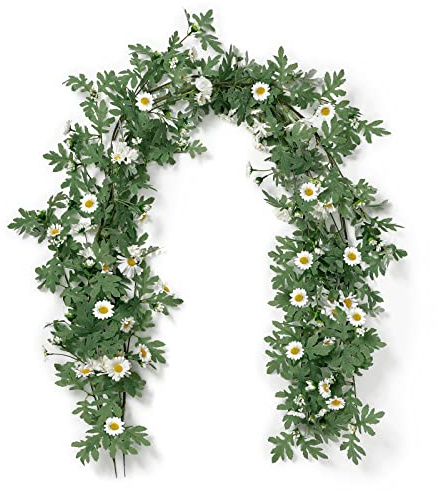 SOMYTING Künstliche Gänseblümchen-Girlande, dekorative künstliche Blumenranke, zum Aufhängen, 1.5 m, Seidenblume, Grün für Zuhause, Garten, Outdoor, Zeremonie, Blumendekor (weiß, 2 Stück)