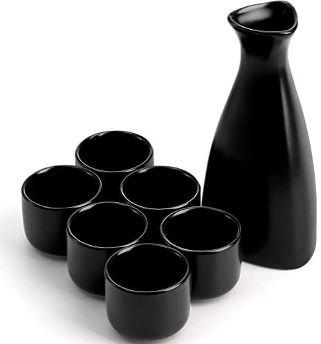 Tosnail Piccolo set per sake giapponese in ceramica, 1 caraffa da portata e 6 tazze, nero