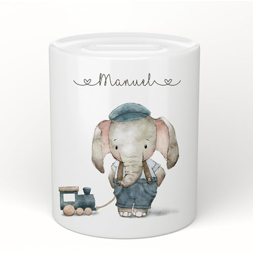 Manufaktur Liebevoll Personalisierte Spardose Kinder Elefant mit Namen (Motiv Manuel)