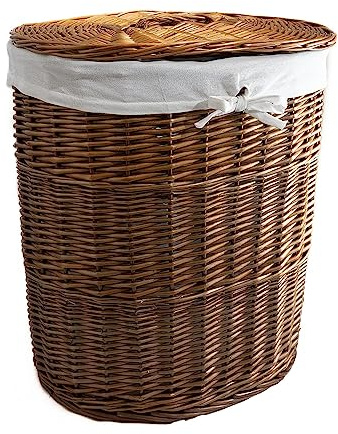 Arthur Cameron Deluxe Oval Wicker Laundry Basket Wash Bin with Lid (Large, Distilled Brown)