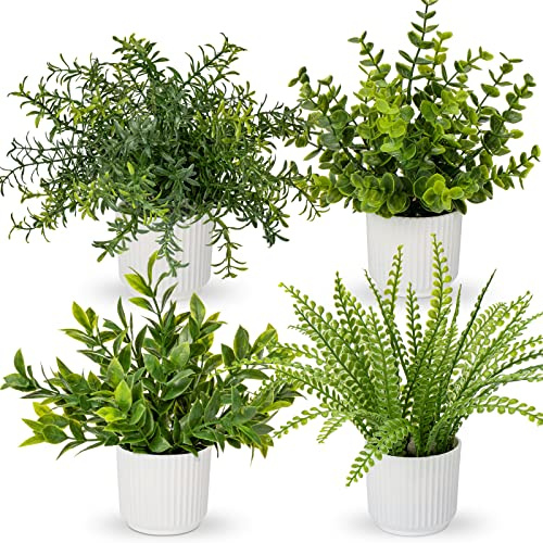 Juego de 4 plantas artificiales en maceta, pequeñas plantas artificiales para interiores, helecho Boston sintético, eucalipto, romero, oficina, decoración de escritorio
