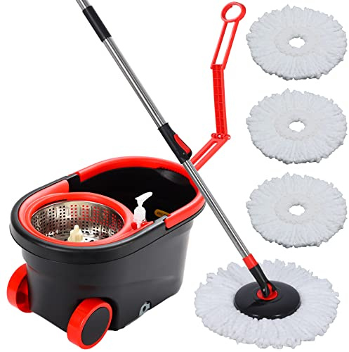 Balai à franges et seau avec essoreur sur roulettes, système de seau rotatif à 360° avec 3 têtes de rechange en microfibre et poignée réglable en acier inoxydable de 154,9 cm pour nettoyage du sol (25