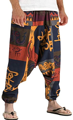 perdontoo Män lediga haremsbyxor fint tryck breda ben säckiga byxor (XXL,Color 1)