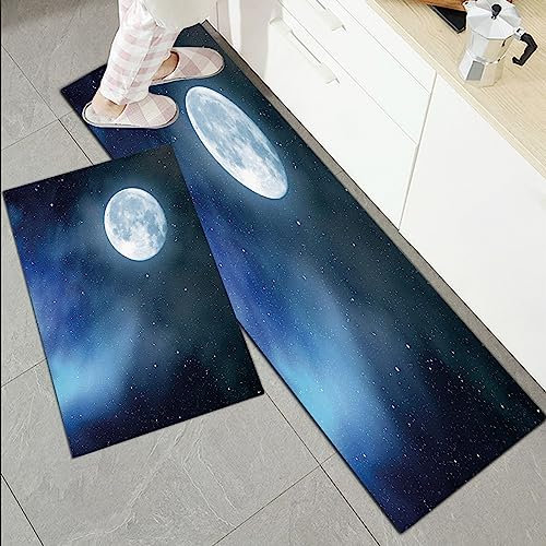 Küchenläufer Küchenmatte 2 Stück 45x70cm+45x120cm,Mond, Nachthimmel mit Sternen Vollmond Universum Weltraum Himmelskörpe,Rutschfest Pflegeleicht, Anti-Müdigkeit Küchenteppich Teppich Läufer für Küche