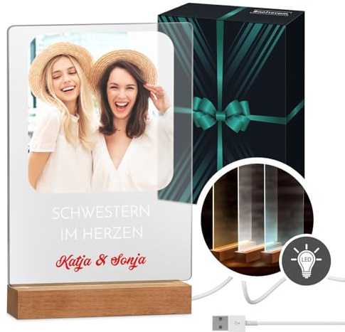 Maverton beleuchteter LED-Rahmen mit eigenem Foto - personalisiertes Acrylglasbild mit Holzständer mit LED-Beleuchtung - Glasfoto für Frauen zum Geburtstag - Größe: 21x32x4,5cm - Freundschaft
