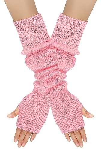 Wambere Damen Mädche Winter Fingerlose Armstulpen Langarm Fäustlinge Handschuhe Feinstrick lang Handwärmer Stulpen,Warm Strick Handschuhe Pluswärmer Strickhandschuhe,Rosa