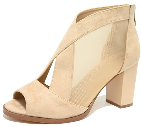SICARE Peep Toe Chunky Heels for Women Comfortable Block Heels Sandals Cut Out Back Zipper Sexy Mesh Ankle Boots Style Sandals for Women Dressy Date Business Party, Nude, Size 7