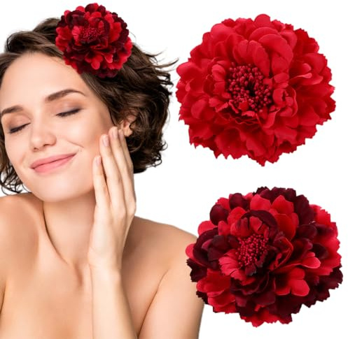 LYITZW 2 Pcs Barrette Pivoine Rouge Pince Cheveux Broche de Fleur Artificielle Flamenco Clip Cheveux Coiffure de Marié pour Femme Fille, Barrette Fleur Pince à Cheveux Pince à Cheveux