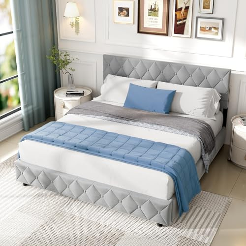 okwish Polsterbett 180x200 cm, Bett mit Stauraum, Doppelbett Hydraulisch Stauraumbett mit Bettkasten, Gepolstertes Bettgestell mit Lattenrost, Modernen Knopfnahtverzierung, Samt, Grau (Ohne Matratze)