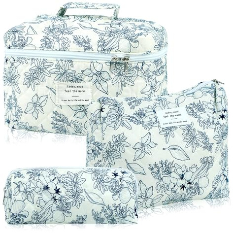 3 Pièces Trousse de Toilette Femme en Coton Matelassé, Ensemble de Sacs à Cosmétiques de Voyage avec Motif Floral, Grand Sac à Maquillage Portable pour Femmes et Filles, Idéal pour Voyage et Maison