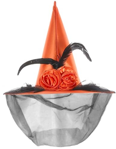 Hatstar Halloween Hexenhut Orange, verziert mit Schleier, Rosen & Federn, Kostüm Accessoire für Damen & Kinder, Kostümhut für Karneval und Fasching