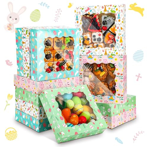 Skyygemm 12 Pcs Easter Treat Boxes with Window Bunny Egg Cookie Boxes Easter Cardboard Donut Box Easter Party Paper Container for Cake Bakery Cupcake Pastry Strawberries Favor (10 x 10 x 2.5 Inch)