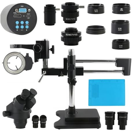 Microscope 7X45X Stereo Industrial PCB Soldering Repair Trinocular Microscope 55MP 48MP 4K HDMI USB Video Camera Double Boom Arm Base Stand(HDMI VGA Type-c)