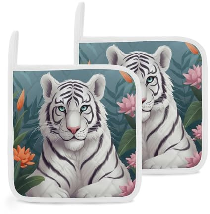 Quadratische Topflappen, Motiv: süßer weißer Tiger, hitzebeständig, mit Aufhängeschlaufe, Topflappen, rutschfest, Topfuntersetzer zum Kochen, Backen, 2 Stück