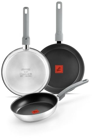 Monix Elite Non Stick | Set 3 sartenes 20-24-26 cm, acero inoxidable 18/10, Antiadherente Tricapa Sin PFOA, Indicador de Temperatura TherMonix, Mango ergonómico softouch