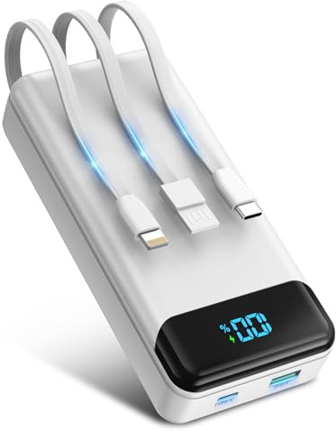 Enerwow Batterie Externe Charge Rapide, 27000mAh Power Bank avec 3 Câbles Intégrés Portable Batterie, Powerbank avec Affichage LED, Compatible Les séries iPhone Samsung iPad Pro etc(Blanc)