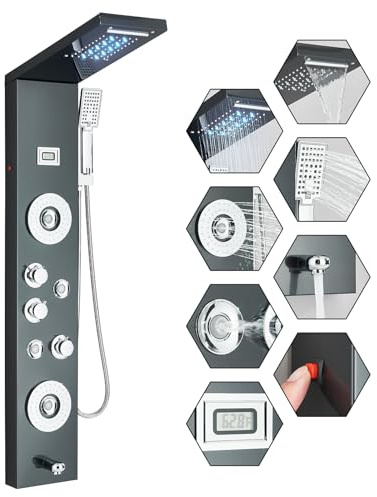 FUZ Shower Panel Tower System, Stainless Steel 6 Functions Shower Panel System with LED Fancy Rain Shower Head and Handheld, Adujstable Rain Massage Body Jets and Tub Spout, Matte Black Shower Tower