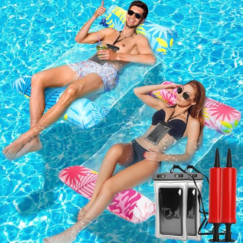 Amaca Piscina 4 in 1 Amaca Gonfiabile da Mare 2 Pezzi Amaca Mare Galleggiante Portatile Materassino Piscina con Rete Amaca da Piscina per una Vacanza al Mare(Blu e Rosa)
