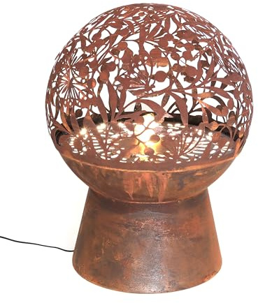 Dehner Gartenbrunnen Floral, frostbeständiger Brunnen für Außen, Komplett-Set mit warmweißer LED Beleuchtung/Pumpe/Trafo, Höhe 66 cm, Ø 50 cm, Cortenstahl, Kupfer-Farben