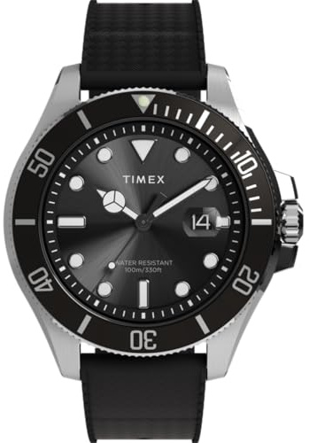 Timex TW2Y09200 Harborside Coast Herren-Armbanduhr, 43 mm, schwarzes Synthetisches Kautschukarmband und schwarzes Zifferblatt