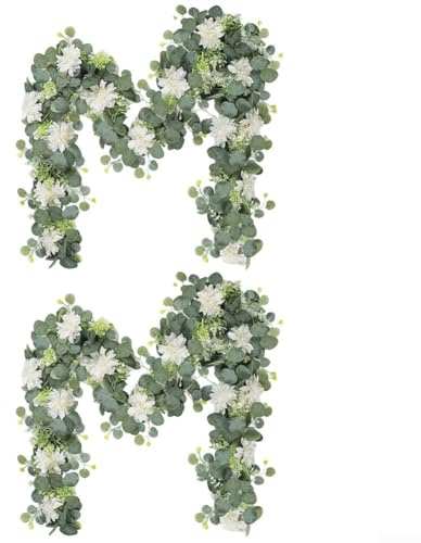 Elegante weiße Dahlie-Eukalyptus-Girlande, 2 Stück, 3,6 m, künstliche Blumenranke, Heimdekoration für Hochzeit, Schlafzimmer, Wohnzimmer, Dekoration