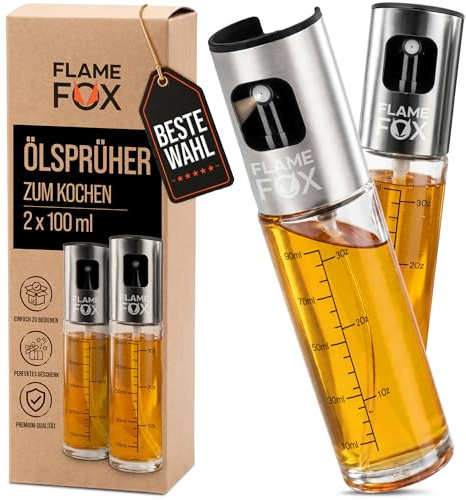 FLAME FOX Ölsprüher - Nachfüllbare Sprühflasche für Speiseöl 2x 100 ml, Edelstahl, Grillzubehör, Küchenhelfer zum Öl Dosieren, Drucksprüher für Grill, Airfryer, Salat, Kochen