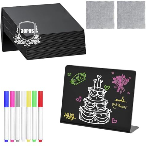 KLEHOPE 30 Stück L-förmige Kreidetafel Klein (100x75 mm) – Schwarze Mini Tafeln zum Beschriften für Preisschilder, Buffetkarten, Hochzeit, Party & Menüs – inkl. 7 Kreiden + 2 Reinigungstücher