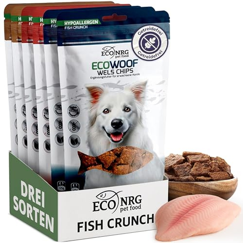 ECO WOOF Fisch Hundesnack Mix - Chips vom Wels Probierpaket - 6 x 125g - 3 Sorten - Wels Pur | Kürbiskern | Bierhefe - Getreidefreie Fisch-Hundeleckerli - Unterstützt Zahnpflege & Verdauung