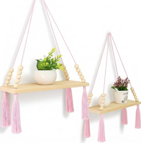 Gravidu18 Hängeregale mit Seil (2er-Set mit Haken), Holzseilregale, Wandregal, Makramee-Regale, schwebende Regale, Schaukelregal aus rustikalem Holz, Weiß, Vintage für Innenbereich (Rosa)