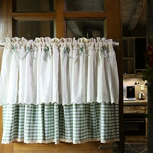 A.Monamour Short Curtain for Small Window White Cotton Blue Checks Plaid with Bowknot Window Treatment Valance Drapes Half for Kitchen Café Bedroom Cabinet Door Curtain