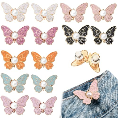 14PCS Butterfly Pants Waist Tightener Clips for Women, Decorative Butterfly Waist Knots for Pants, Adjustable No Sew Jean Buttons Buckle for Loose Jeans (Large + Small)