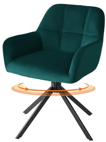 Sweetcrispy Esszimmerstuhl, 360° Drehstuhl Esszimmer, Küchenstuhl, Samt Schminktisch Stuhl, bis 120 kg belastbar, Sessel mit Armlehnen Stahlbeine, Schreibtischstuhl für Arbeitszimmer, Dunkelgrün