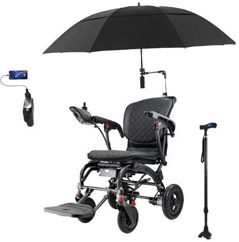 Juodkeo Leichter elektrischer Rollstuhl 33lbs, faltbarer Elektrorollstuhl für Erwachsene, Doppelmotor 360W, heb Bare Armlehnen, mit USB-Lampe und Krücken,10ah