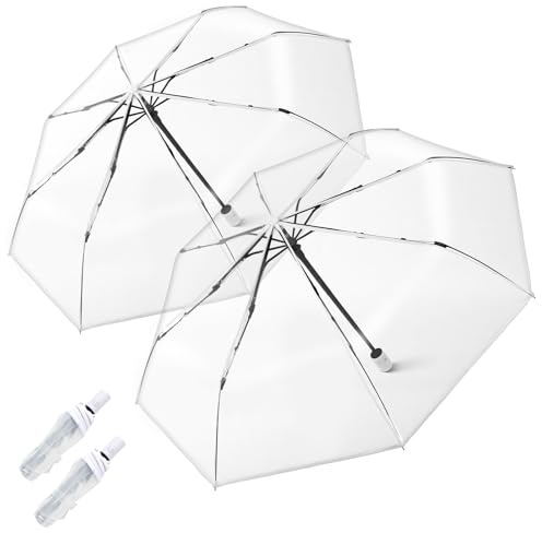 Blomise 2 PCS Clear Umbrellas for Wedding, Auto Open Transparent See Through Umbrella, Compact Travel Umbrella, Portable Folding Umbrellas for Bride Groom Guest Photographer Windproof Rainproof