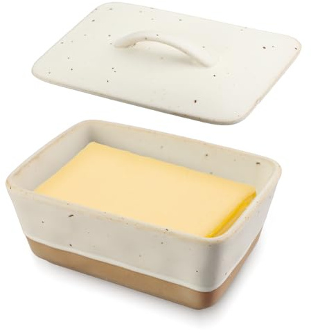 MHwan Beurrier Ceramique, Design Vintage, Compatible avec Toutes les Plaques de Beurre Standard (250 g), Passe au Lave-Vaisselle, Préserve l'Arôme du Beurre, du Fromage et des Produits Laitiers(Blanc)