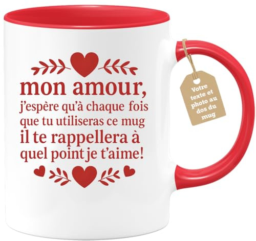 quotedazur Café-Croissant - Mug Saint-valentin Coeur - Tasse Romantique Idée Message Mon Amour Chaque Fois Homme Femme - Cadeau Original Pour Couple Amoureux Petit Ami Copain Copine Mari - Rouge/céra